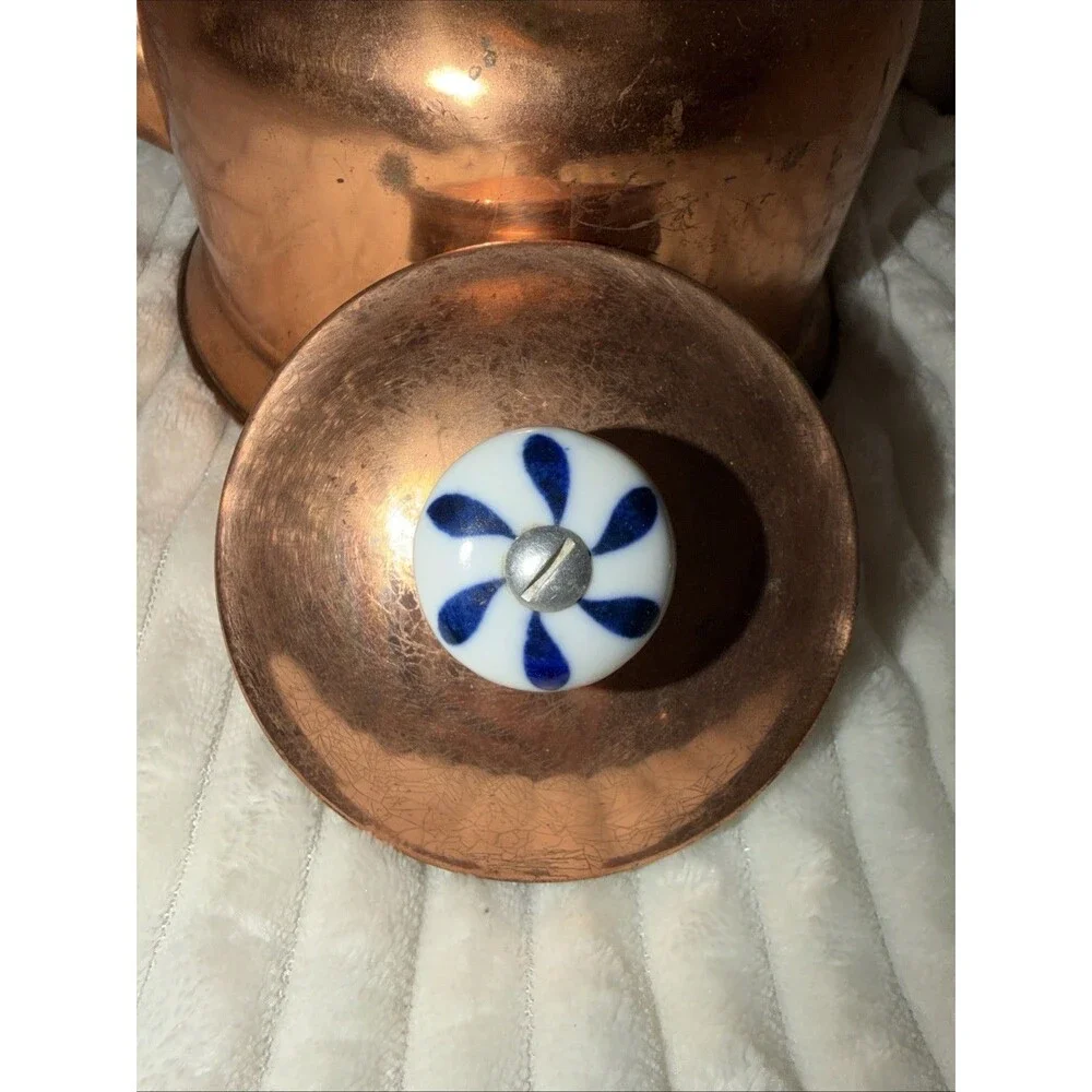 Vtg Copper Tea Kettle Porcelain Handle & Lid Knob Decorative Teapot Pantina